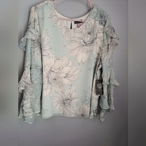 Vince Camuto Woman’s Pagoda Blossom Print Chiffon Tunic Top Morning Dew NWT